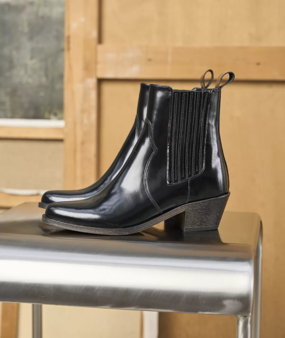 Fashion Bottines western en cuir noir vernis Femme Boots