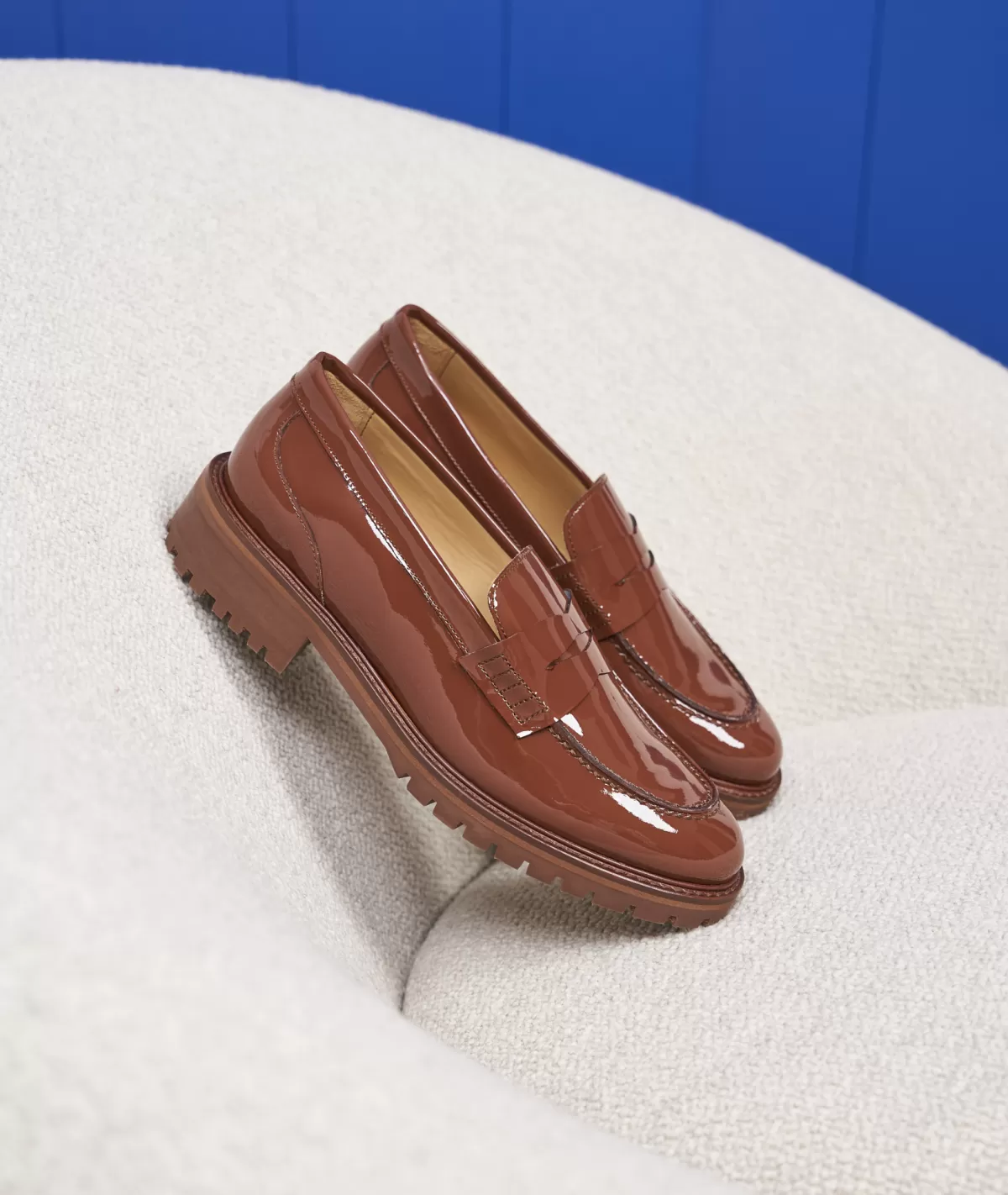 New Mocassin femme en cuir cognac verni Femme Mocassins Et Derbies
