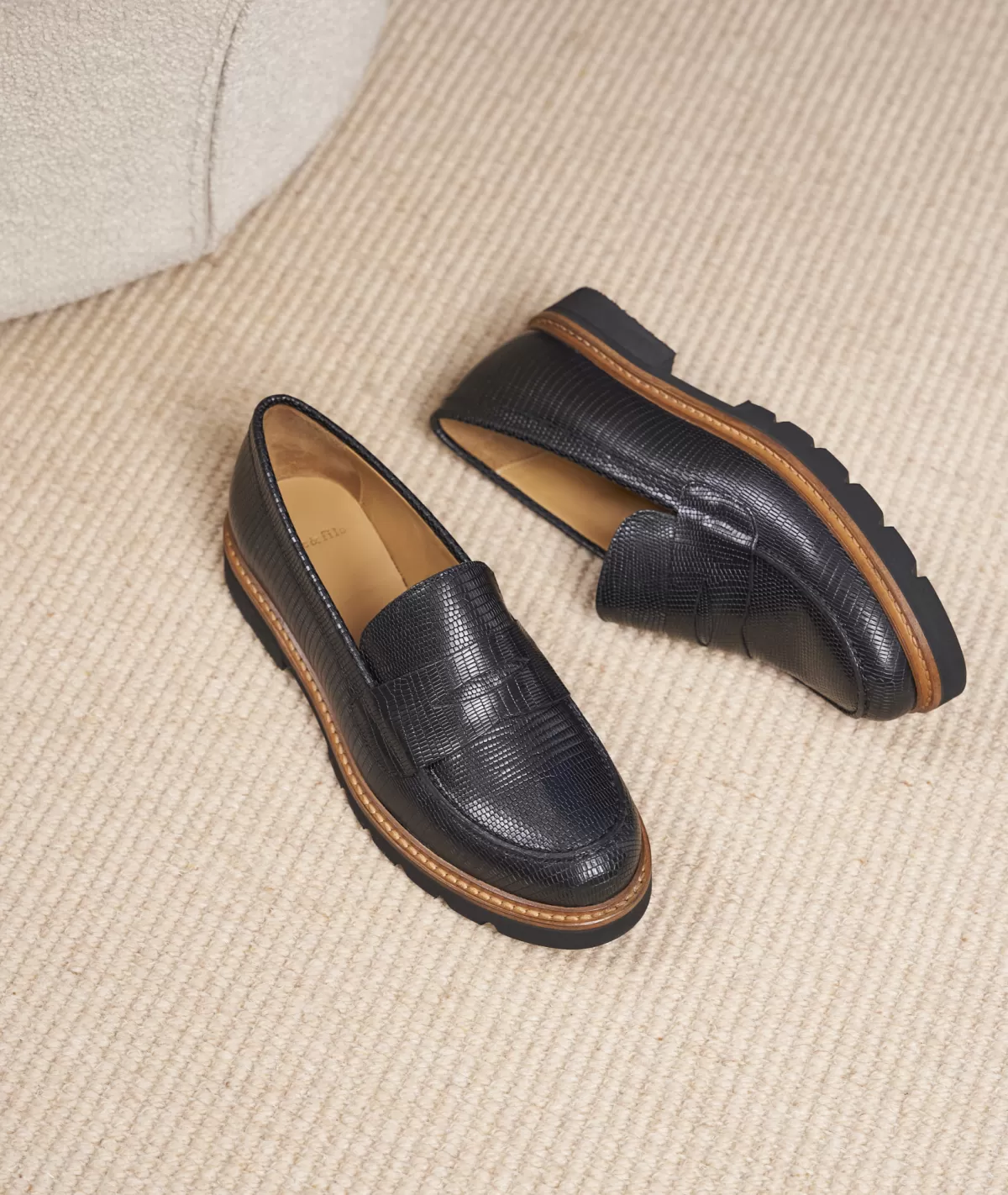 Store Mocassin femme en cuir noir texturé Femme Mocassins Et Derbies